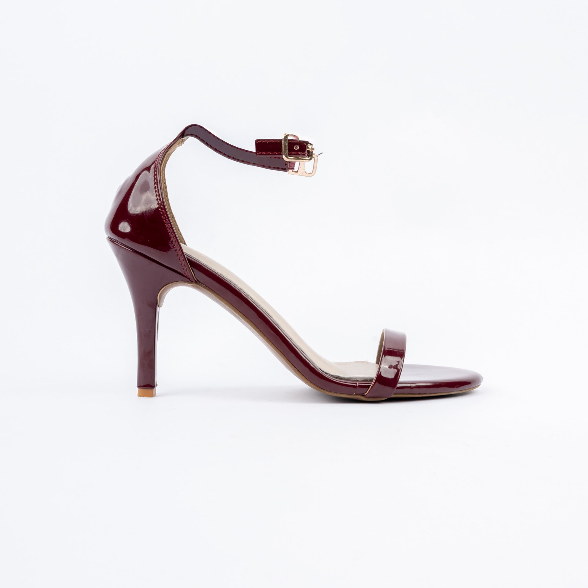 Maroon stiletto heel sandals for women with cushioned footbed, side view