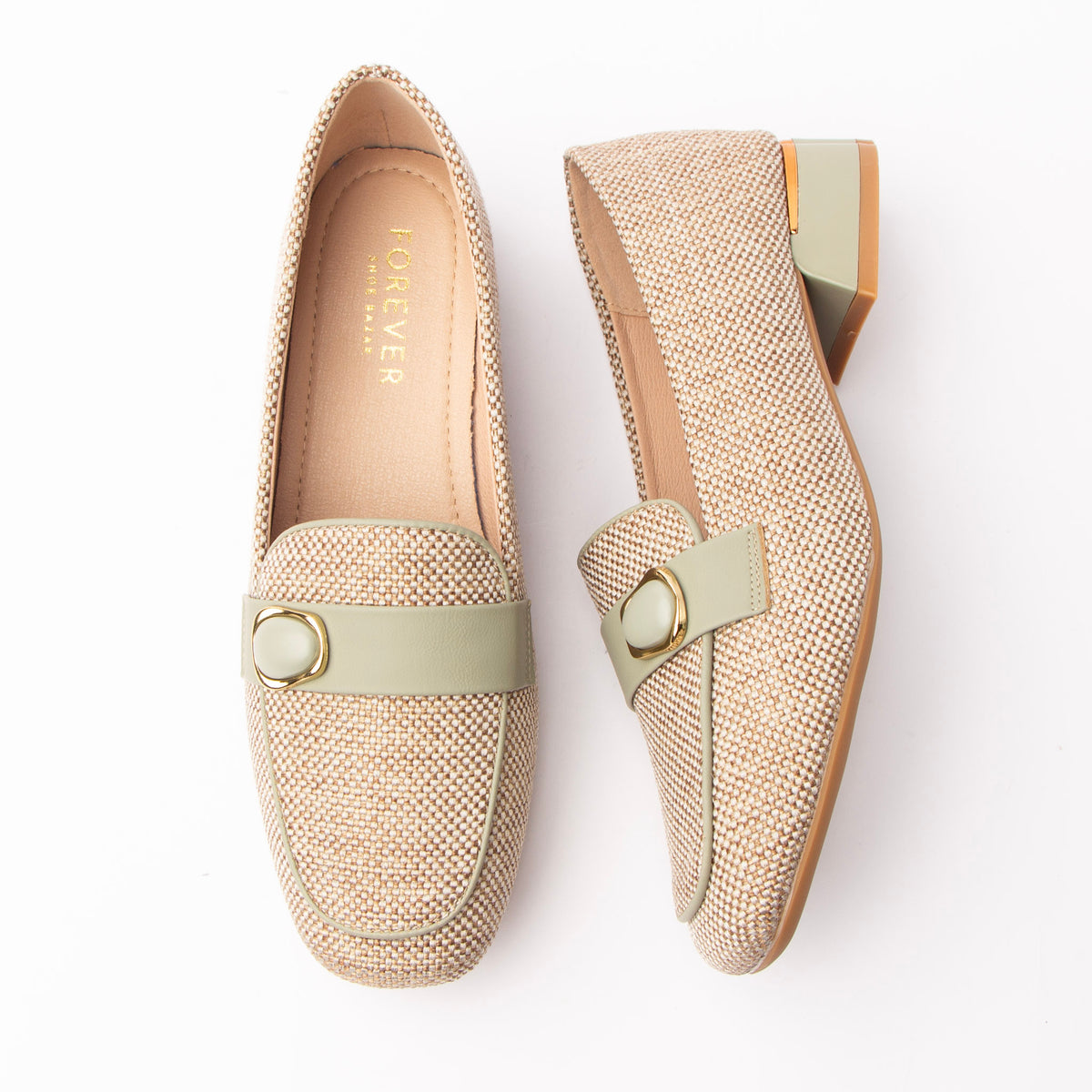 Green woven loafers for women with a cushioned footbed
