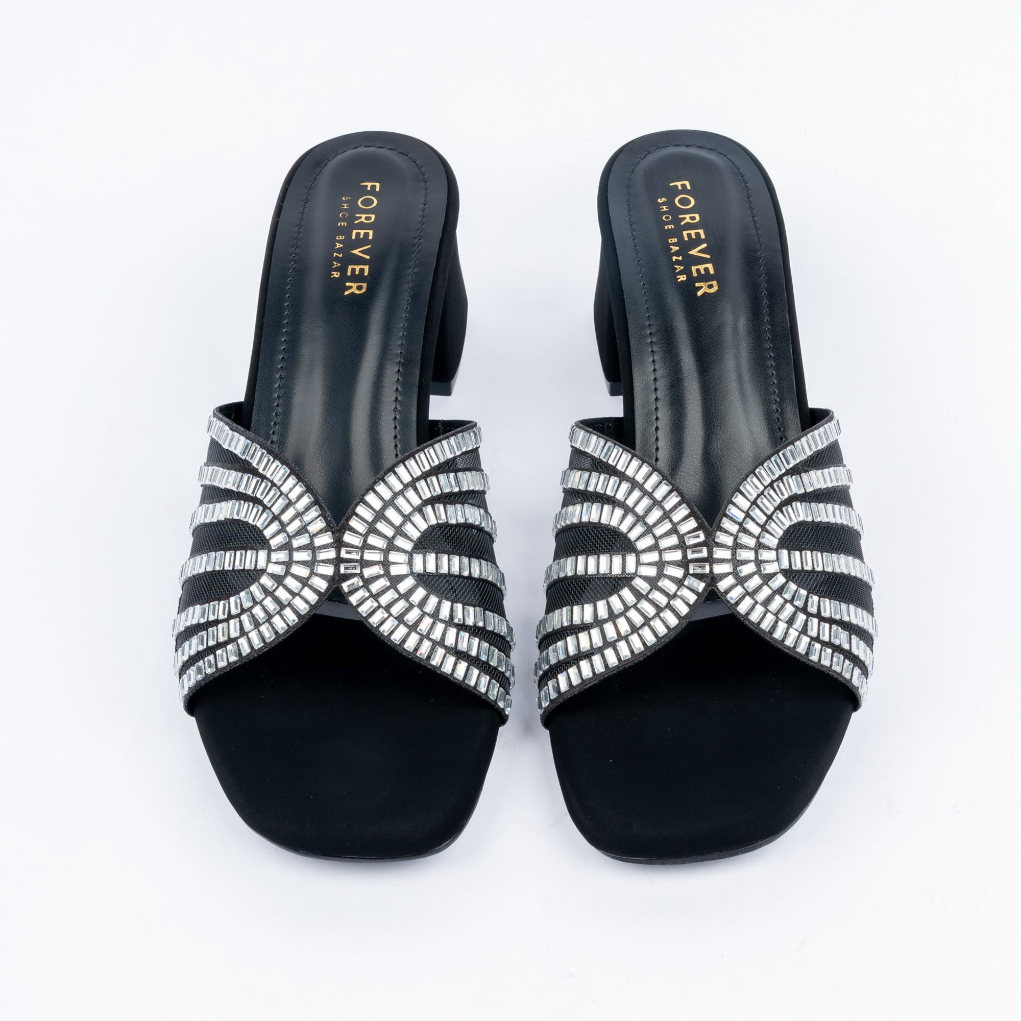 Black block heel mules styled for party wear
