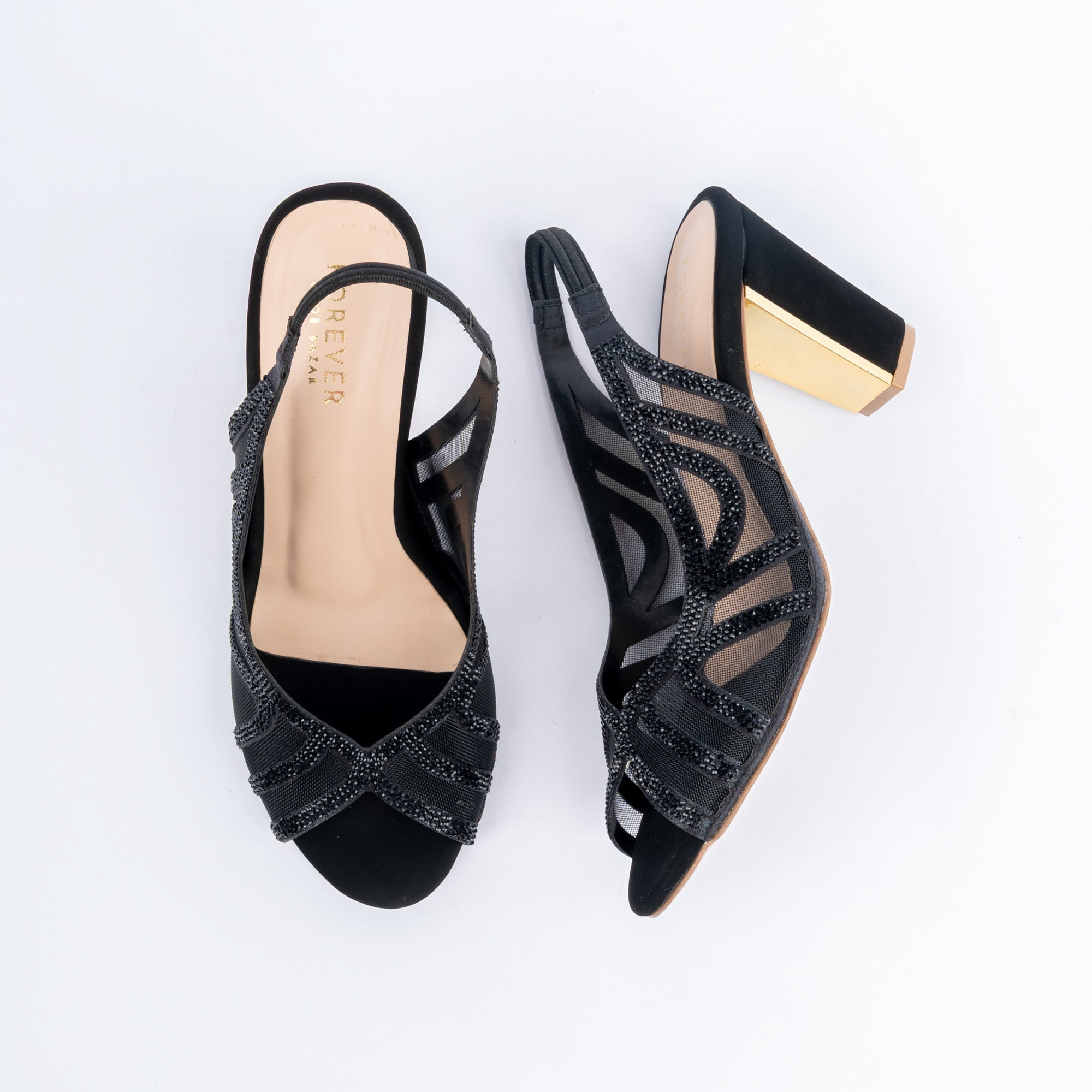 Black peep toe heels for women, bugle beads worked into swirling scroll bands across a sheer mesh vamp, finished with matte binding around the peep-toe opening, an elasticated slingback, and a block heel faced with a mirror-gold plate