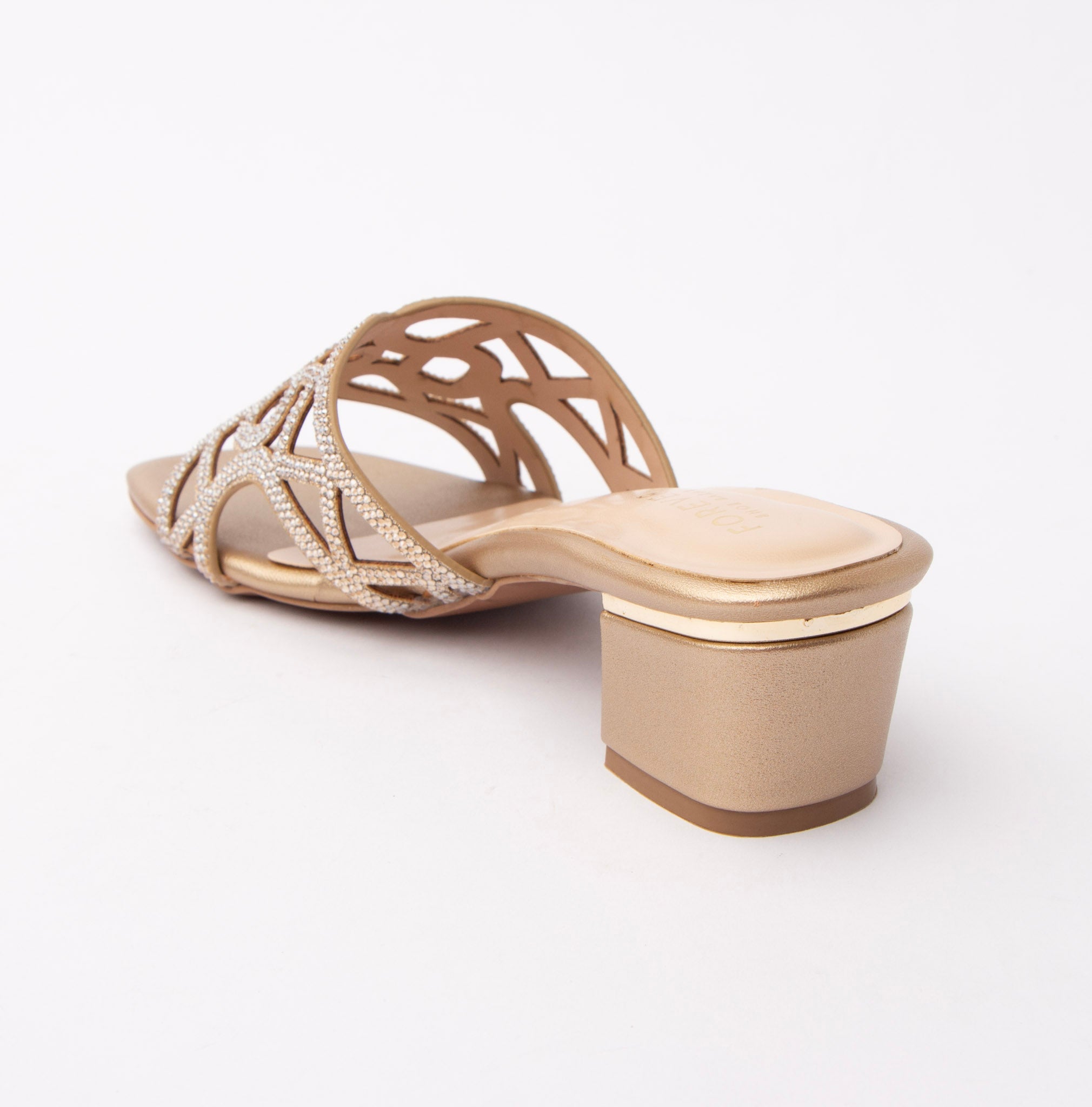 Gold cut out block heel mules for women with cushioned footbed, side view