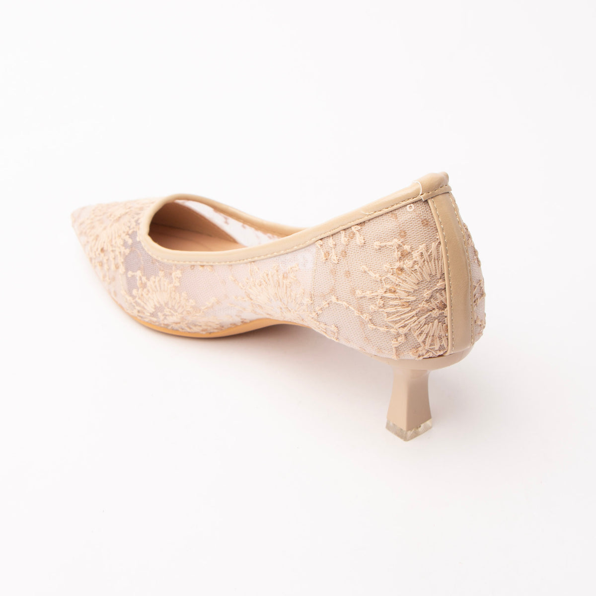 Khaki embroidered mesh pumps for women with cushioned footbed, side view