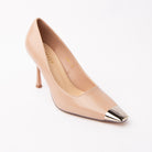 Nude metal toe cap stilettos styled for casual wear