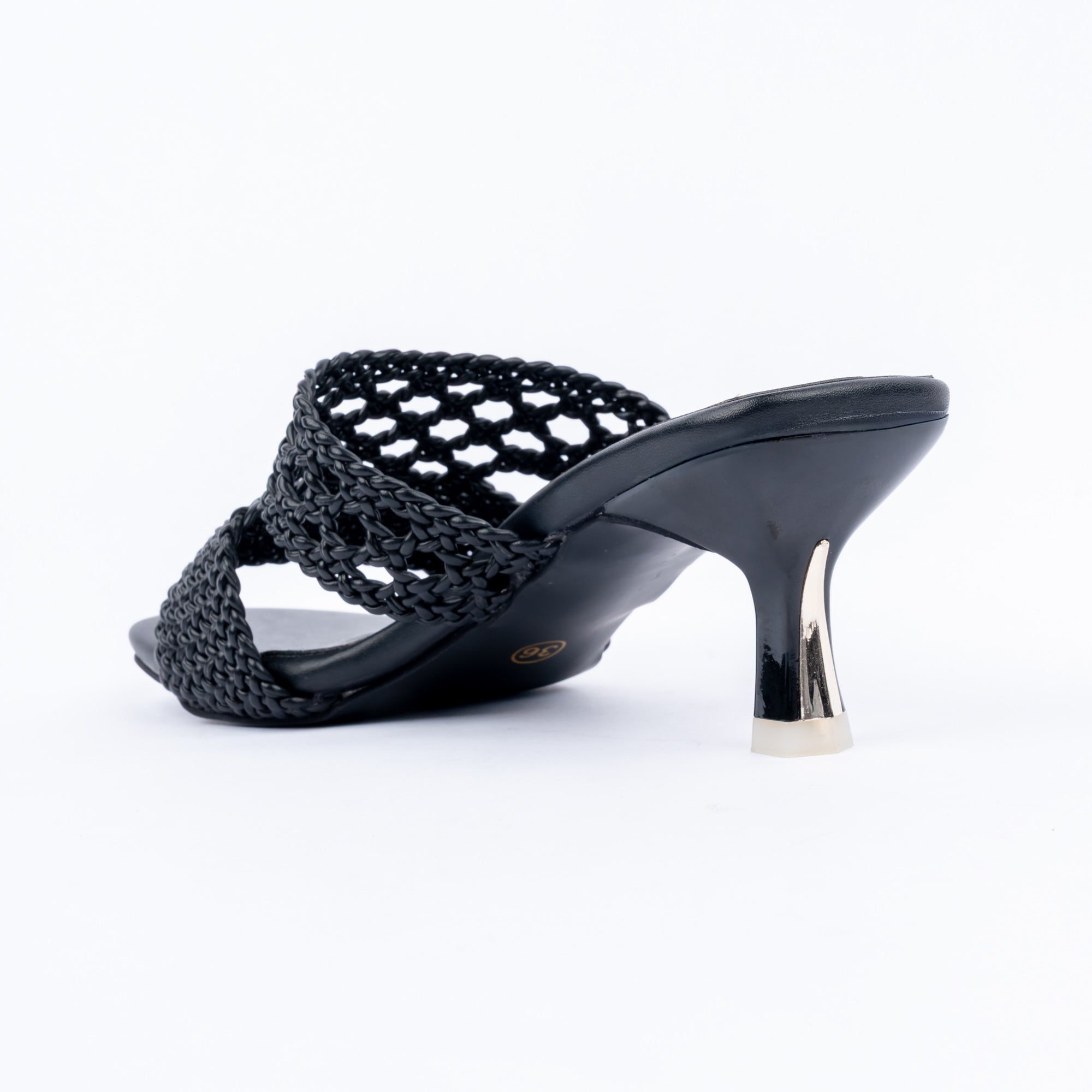 Black kitten heel mules for women with cushioned footbed, side view