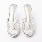 Silver mules for women, both shoes from the front