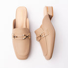 Khaki horsebit loafer mules for women with a cushioned footbed