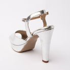 Silver peep toe platform heels for women with cushioned footbed, side view