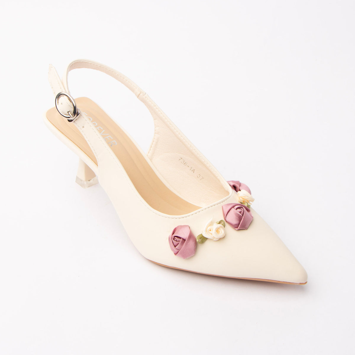 Beige rosette slingback pumps styled for casual wear