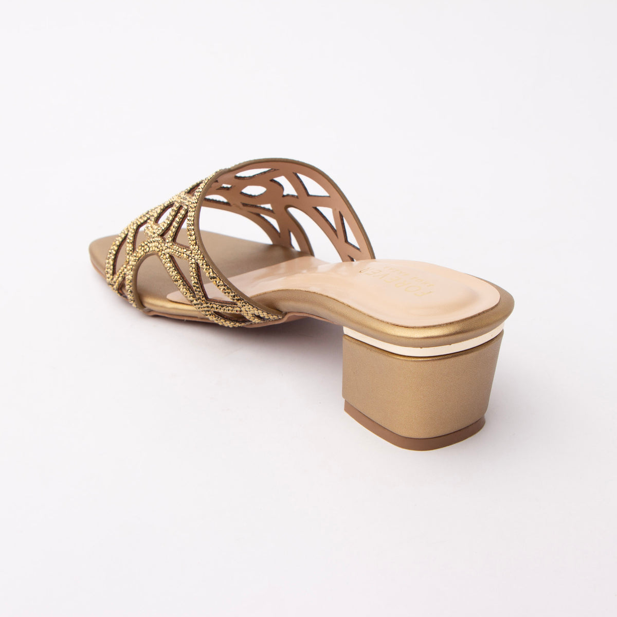 Copper cut out block heel mules for women with cushioned footbed, side view