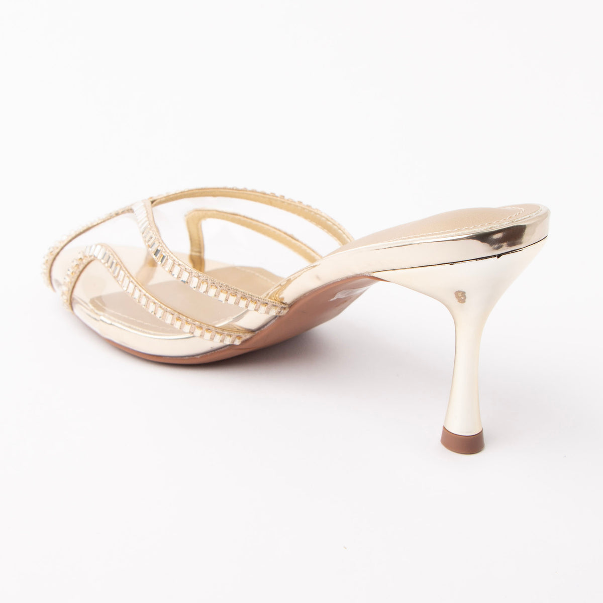 Gold mules for women, back view showing the heel