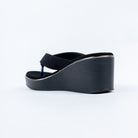 Black platform heel sandals for women with cushioned footbed, side view