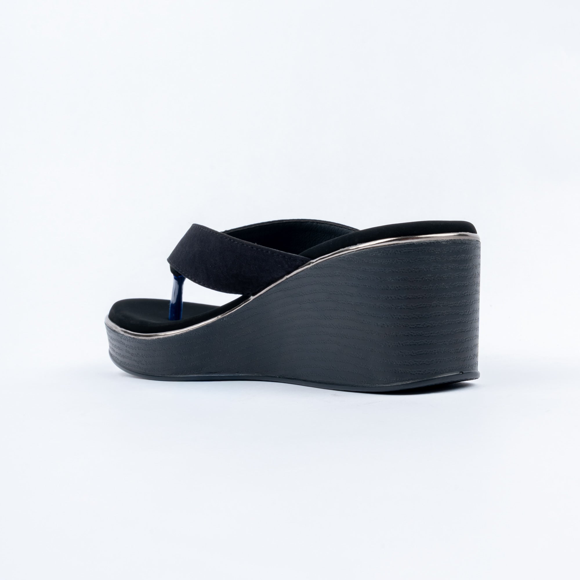 Black platform heel sandals for women with cushioned footbed, side view