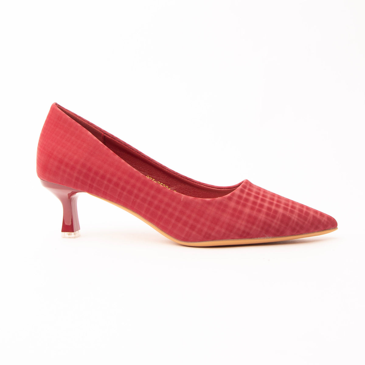Maroon check print kitten heels for women, a muted maroon fabric court patterned with a fine tonal windowpane check, with a long pointed toe, a low V throat and a glossy oxblood flared spool heel finished on a clear tip above a nude padded footbed