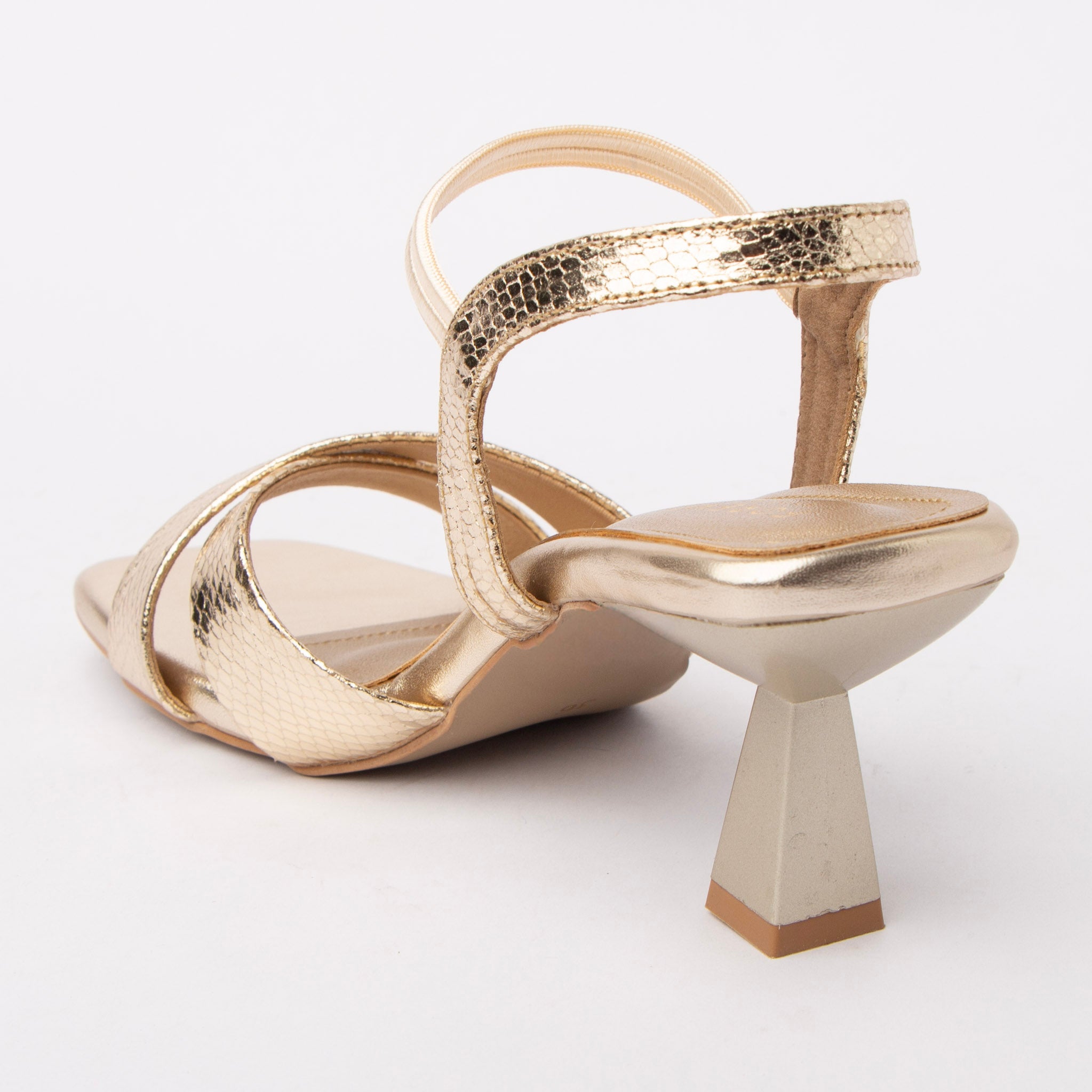 Gold kitten heel sandals for women with cushioned footbed, side view
