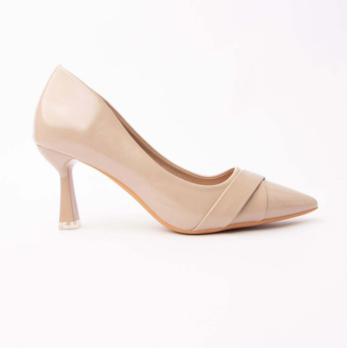 Beige folded strap pumps for women, a warm greige-nude court whose toe box is wrapped by two wide self-colour bands folded and crossed into a shallow V, on a slender flared hourglass heel splaying to a squared base tipped in pale silver