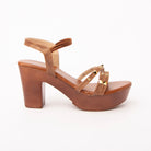 Brown block heel sandals styled for casual wear