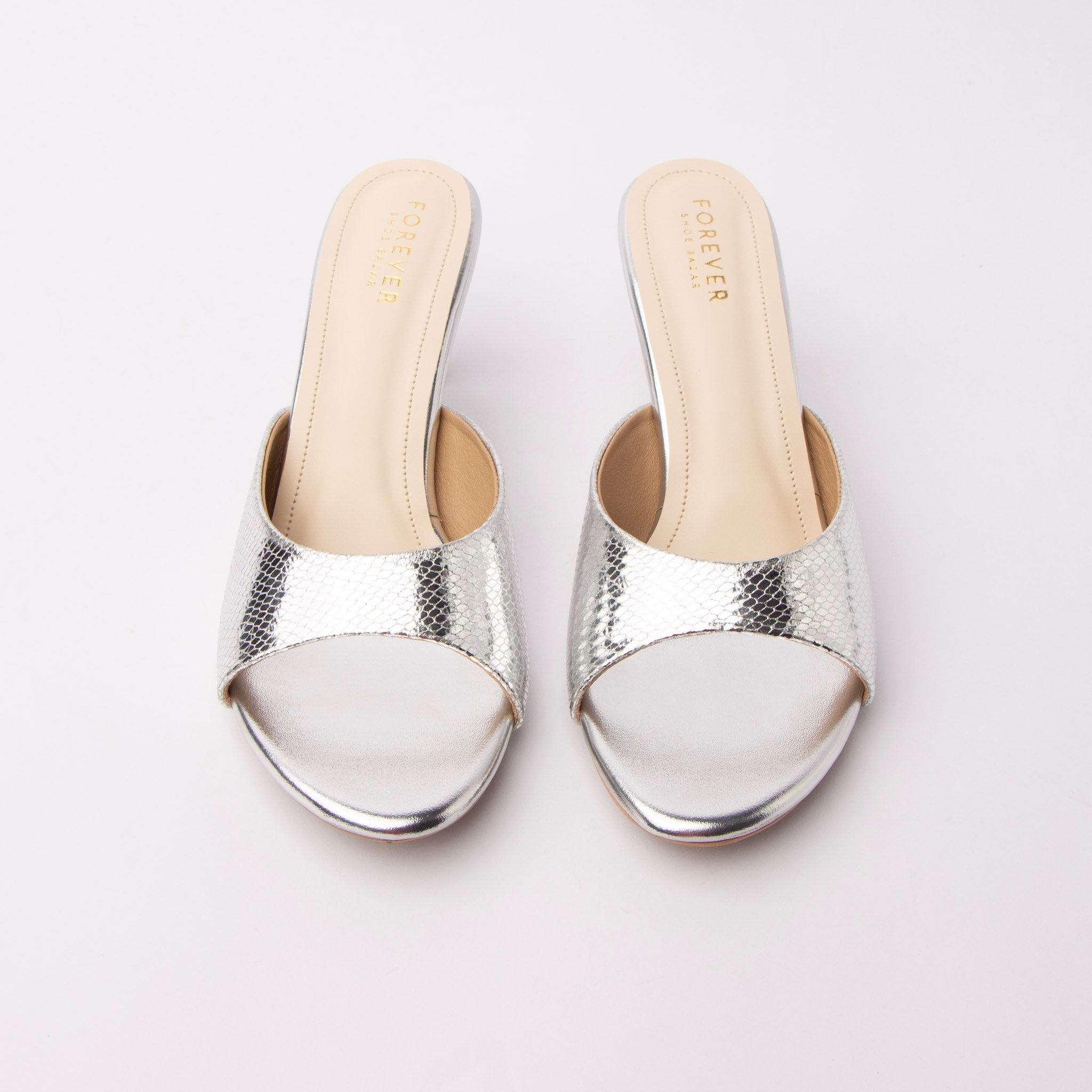 Silver snake print kitten heel mules for women – Forever Shoe Bazar