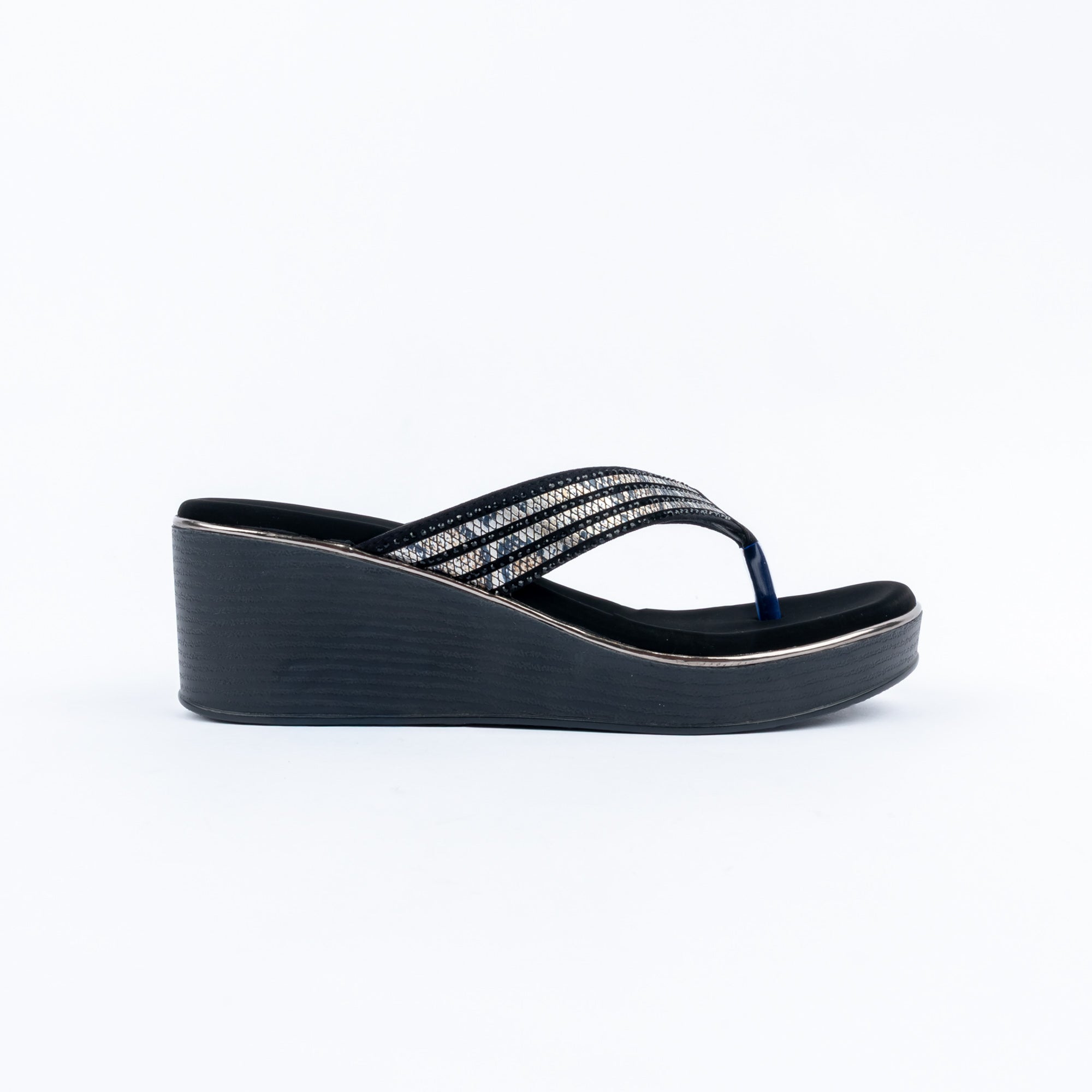 Black platform heel sandals for women, close-set rows of tiny stones along a toe-post V-strap