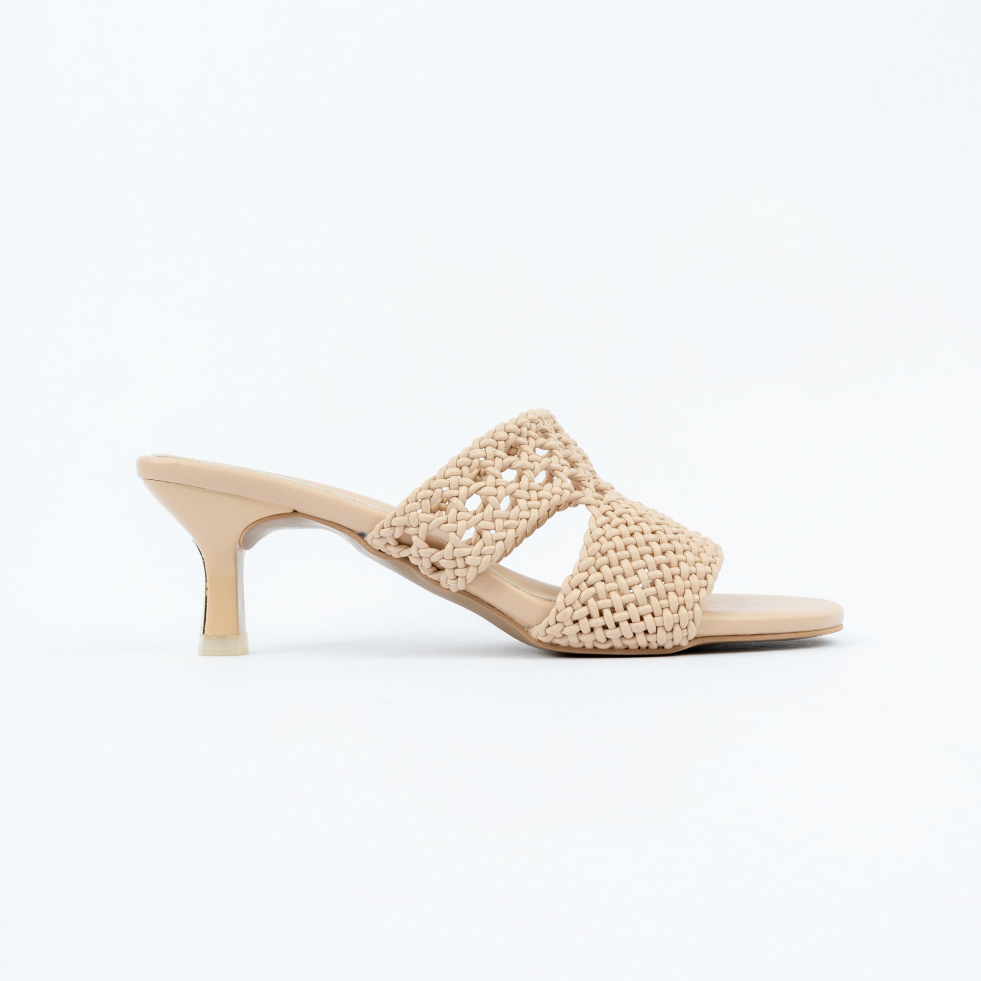 Beige kitten heel mules for women with cushioned footbed, side view