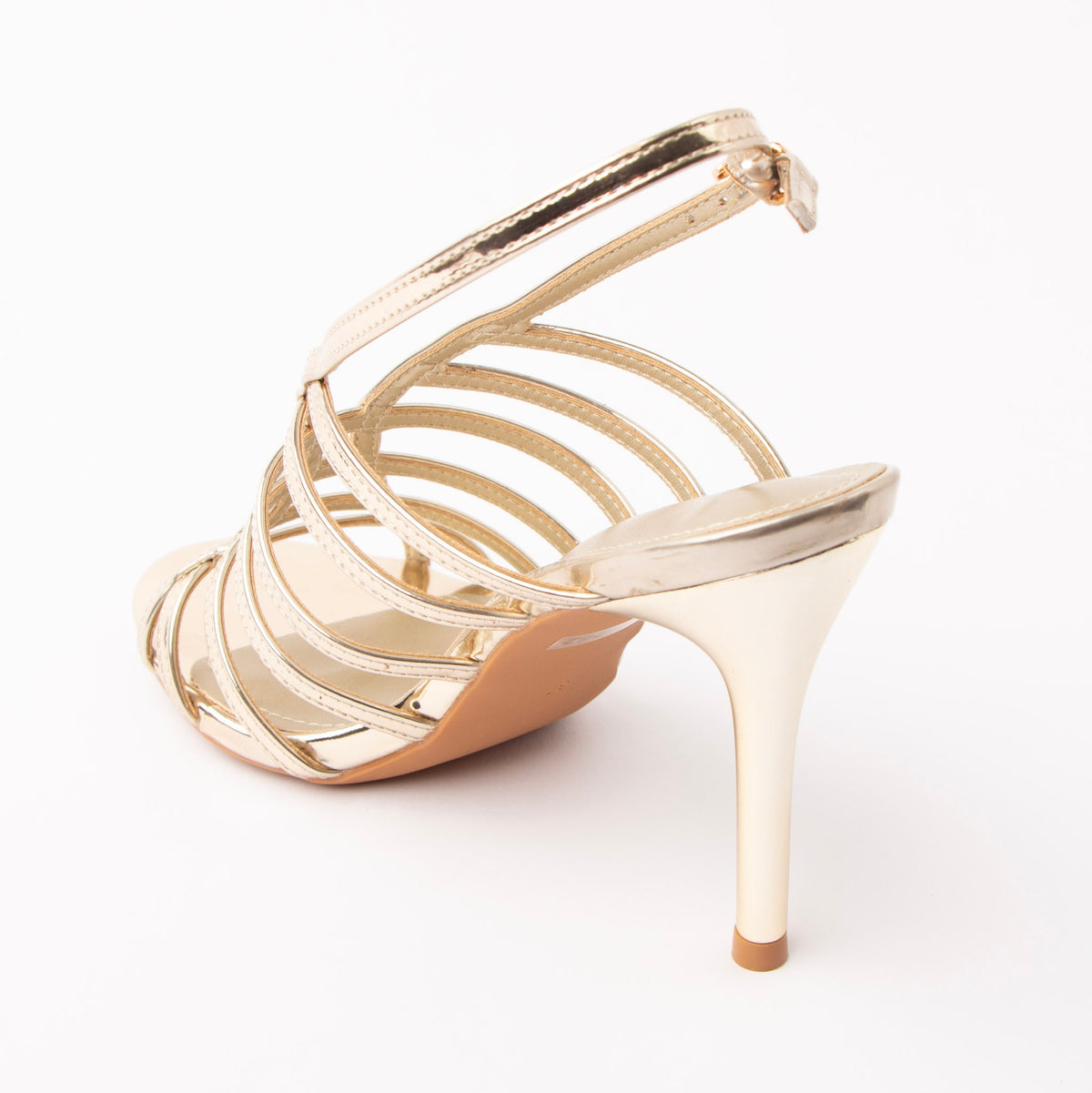 Gold sandals for women, back view showing the heel
