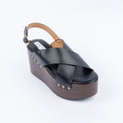 Black wedge heel sandals for women with cushioned footbed, side view