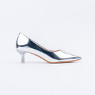 Silver pumps for women with cushioned footbed, side view