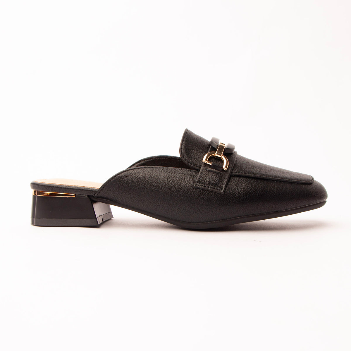 Black horsebit loafer mules for women, a matte black pebble-grain loafer mule with a polished gold horsebit link laid across the vamp, a moccasin apron seam round the square toe and a low block heel banded in gold above a nude padded footbed