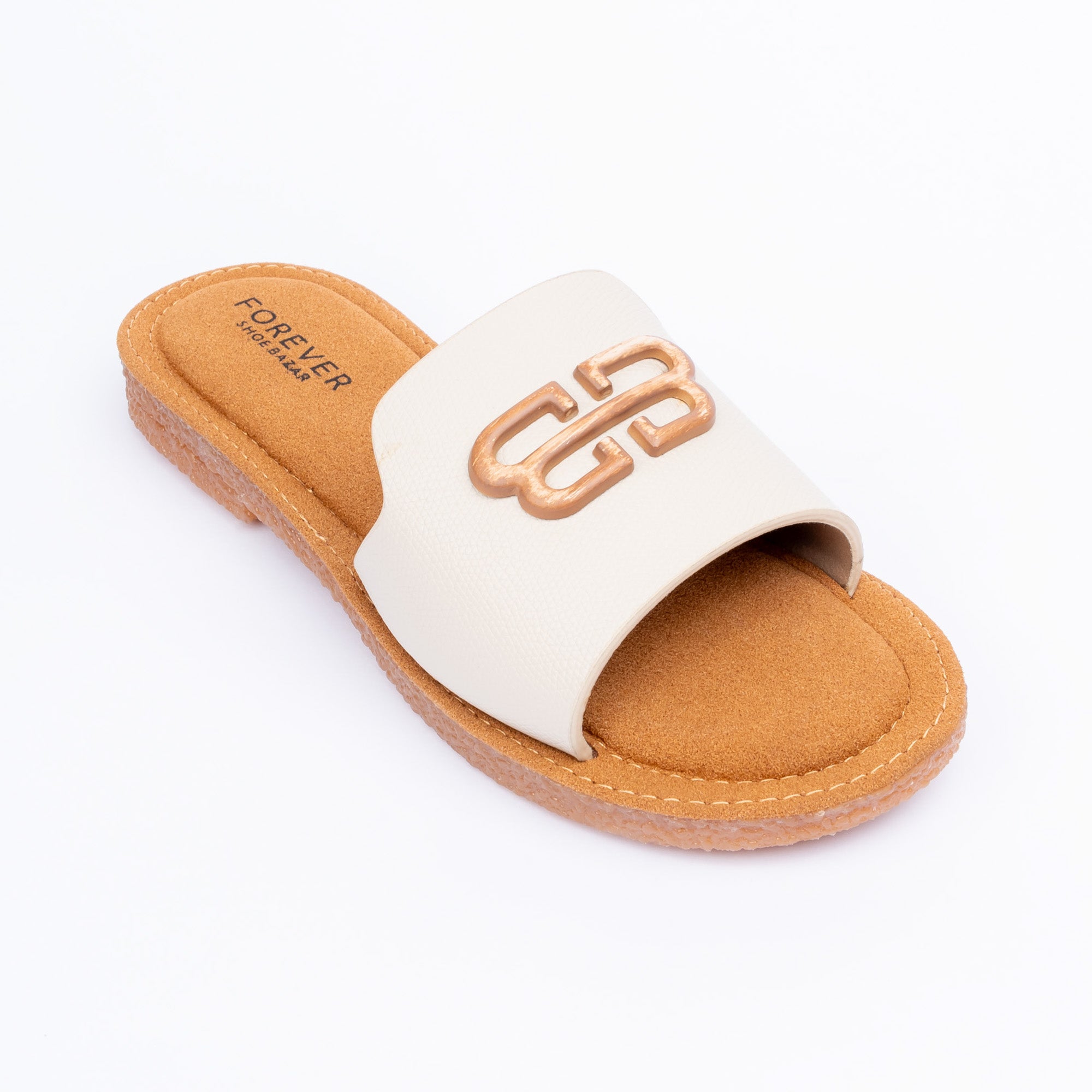 Cream ballet flats for women, textured upper with gold emblem