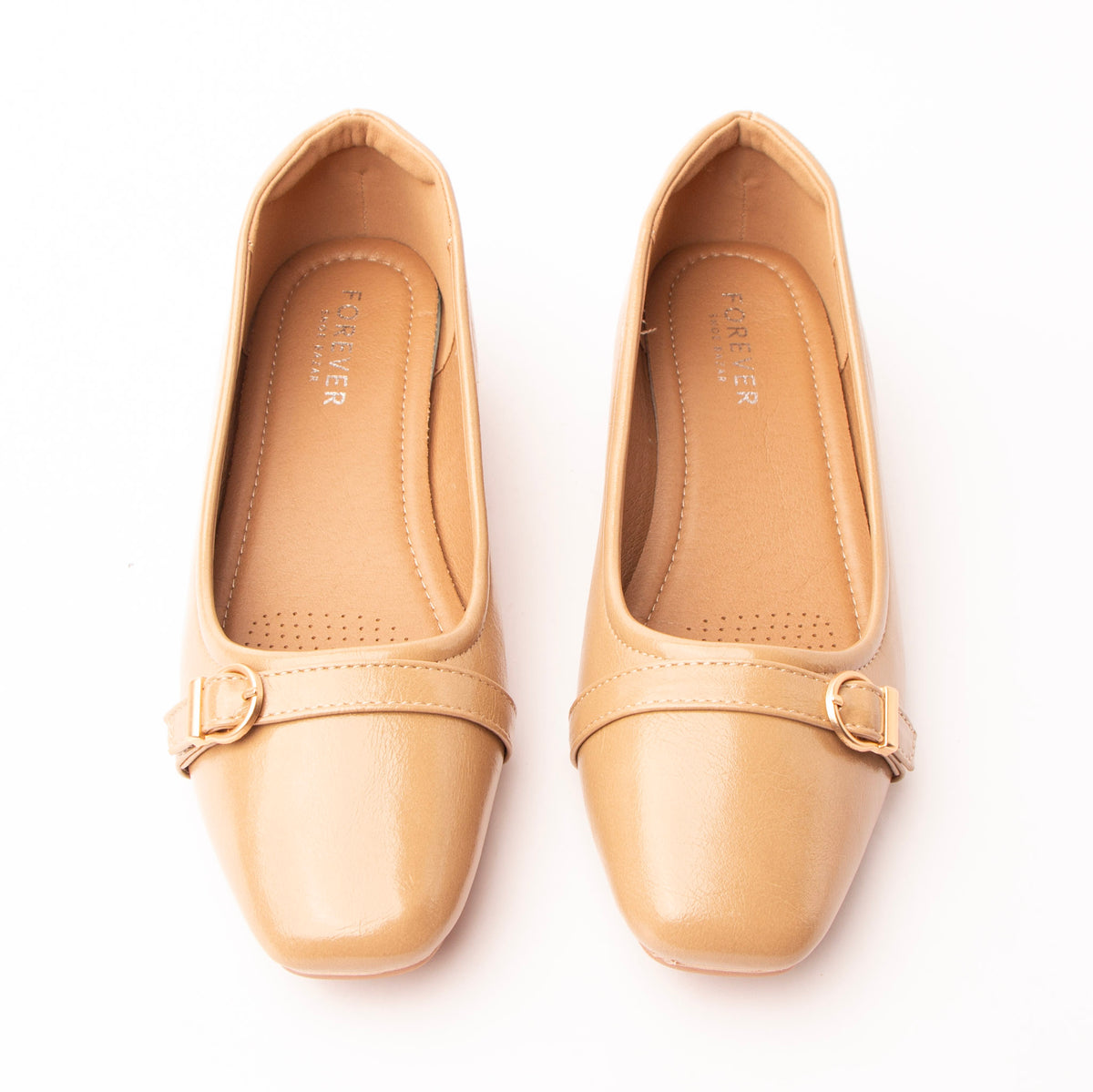 Khaki buckle ballerinas for women with a cushioned footbed