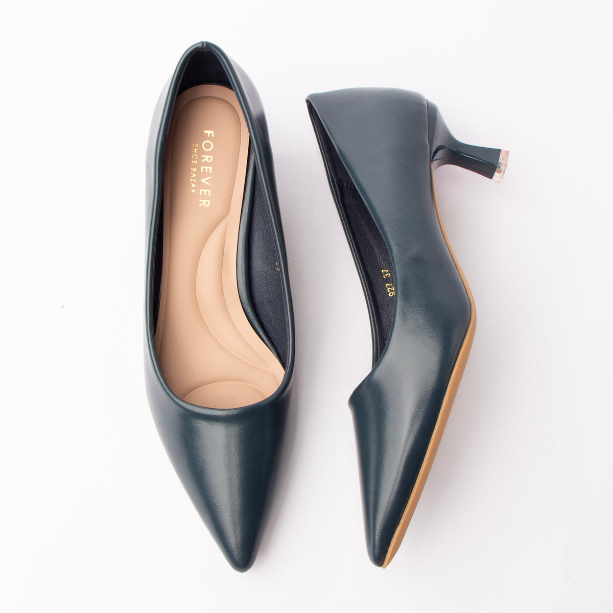 Blue pointed court shoes for women with a cushioned footbed
