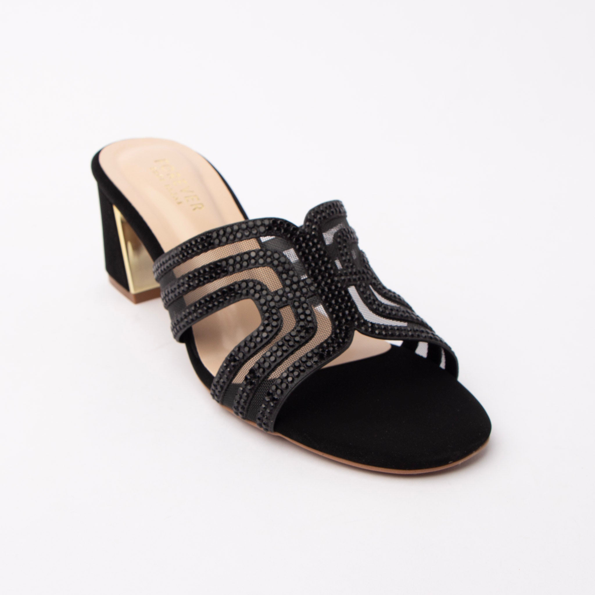 Black block heel mules styled for party wear