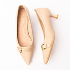 Khaki buckle kitten heels styled for everyday wear