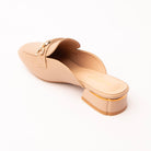 Khaki horsebit loafer mules for women, back view showing the heel
