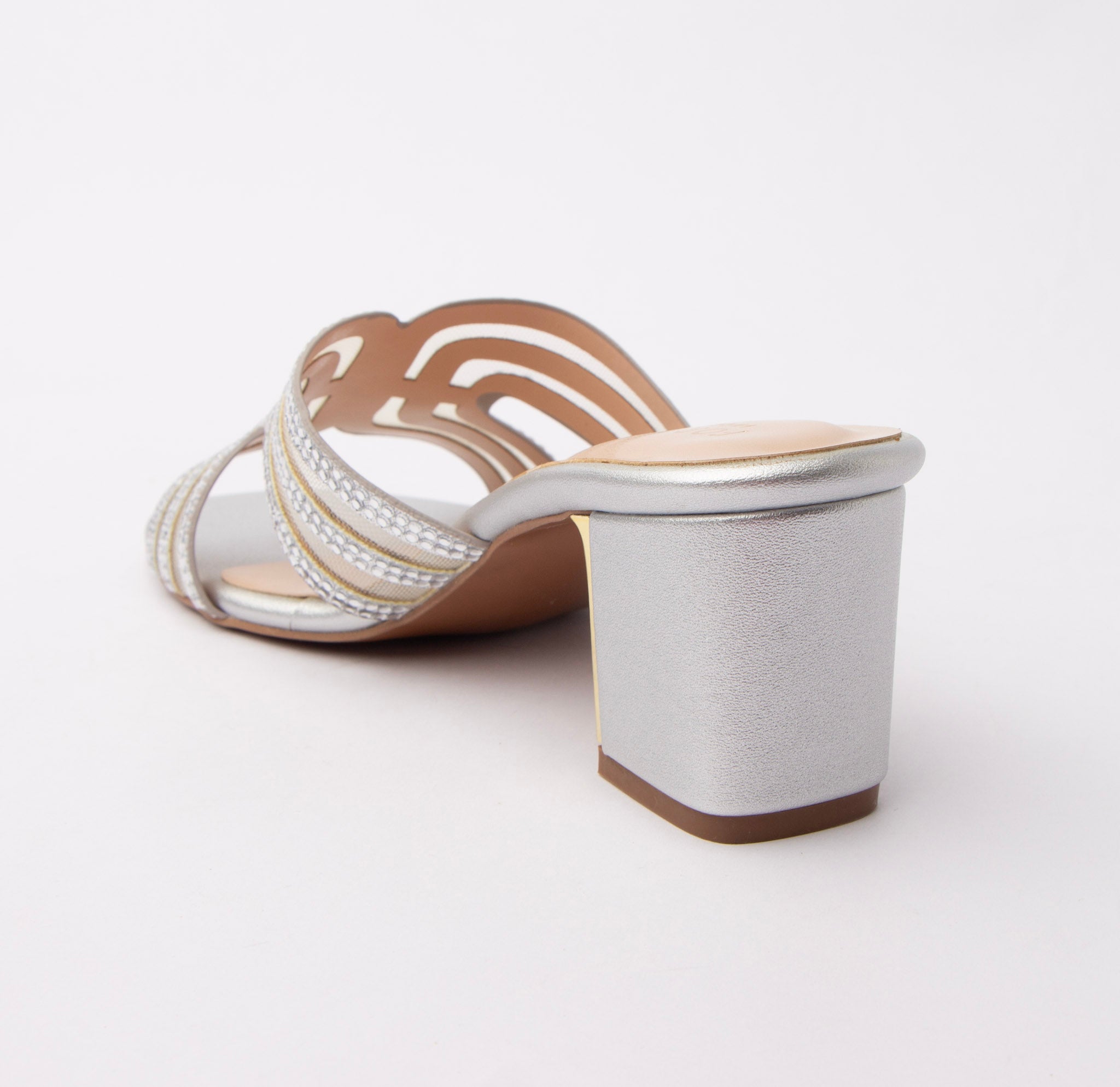 Silver block heel mules for women with cushioned footbed, side view