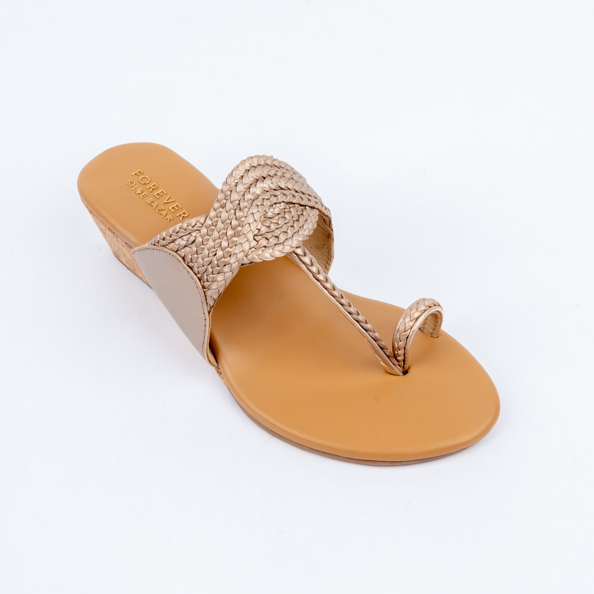 Gold wedge heel sandals styled for casual wear