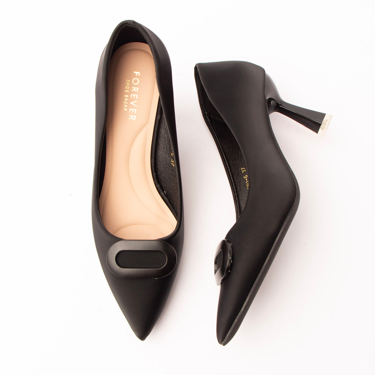 Black buckle court shoes for women with a cushioned footbed