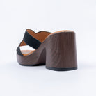 Black platform heel mules for women with cushioned footbed, side view