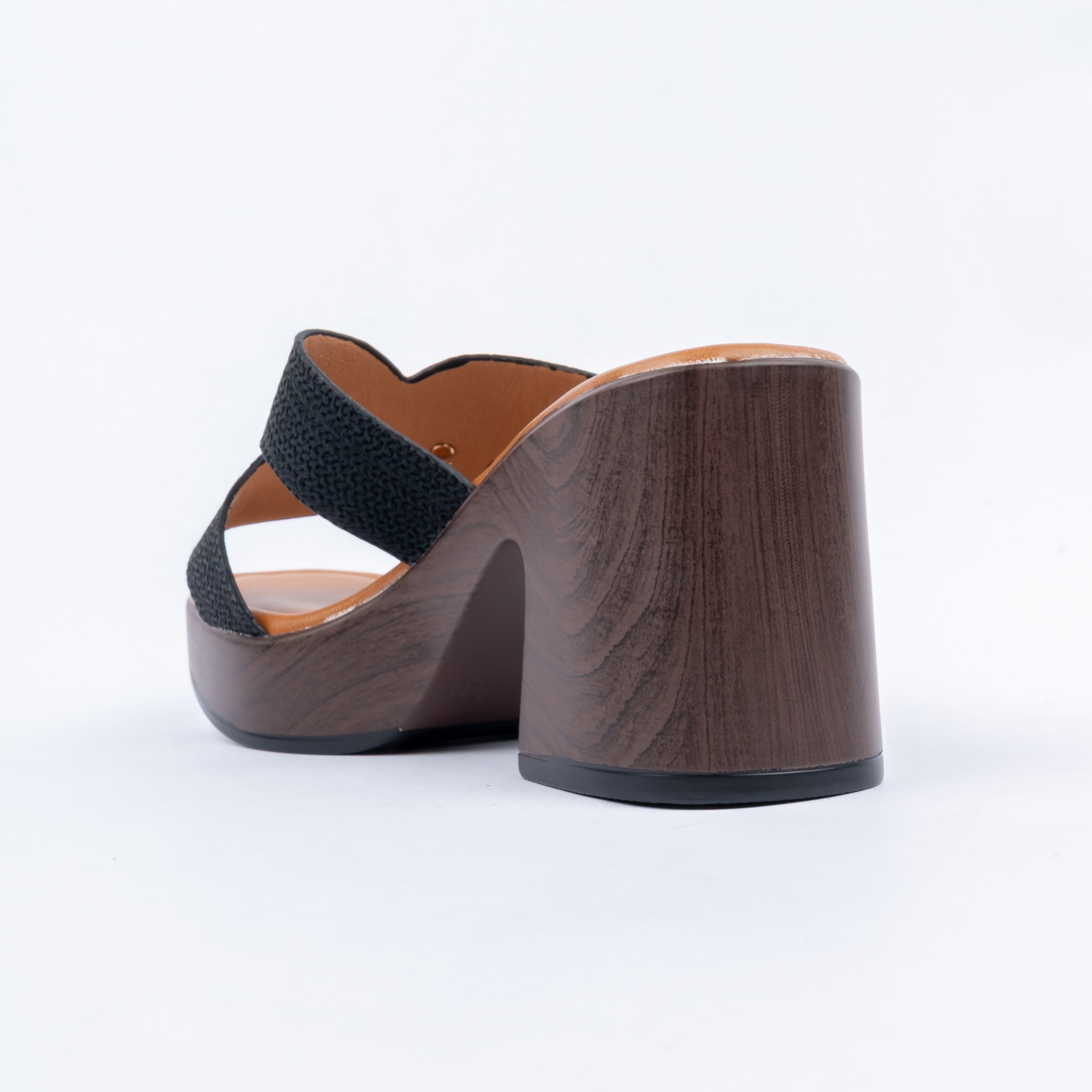 Black platform heel mules for women with cushioned footbed, side view