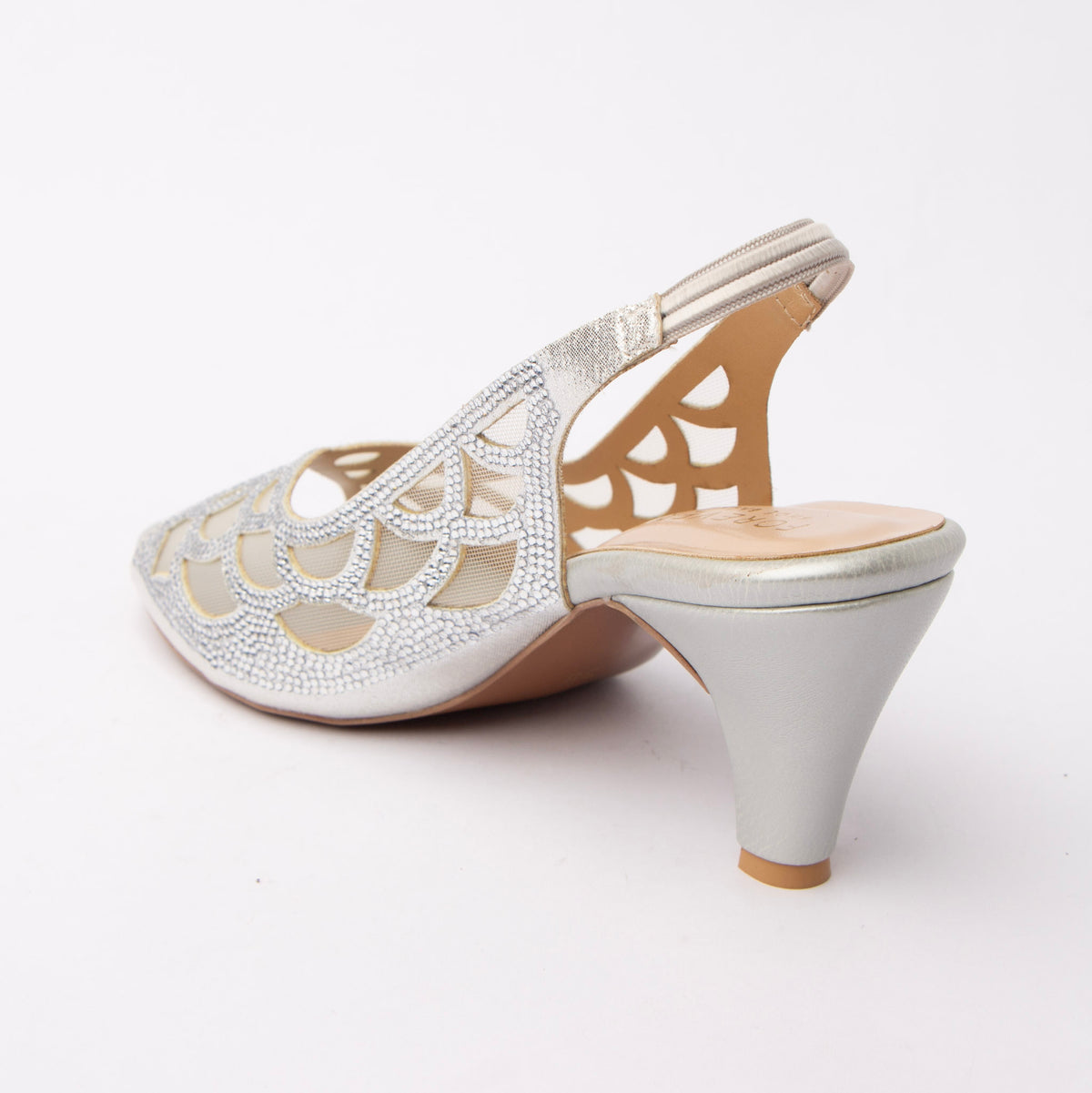 Silver embellished slingback pumps for women with cushioned footbed, side view