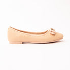Pink woven ballerina flats for women, a soft blush-nude ballerina flat embossed with a fine basketweave, with a blush grosgrain bow a shade pinker than the upper centred by a gold rounded-square buckle