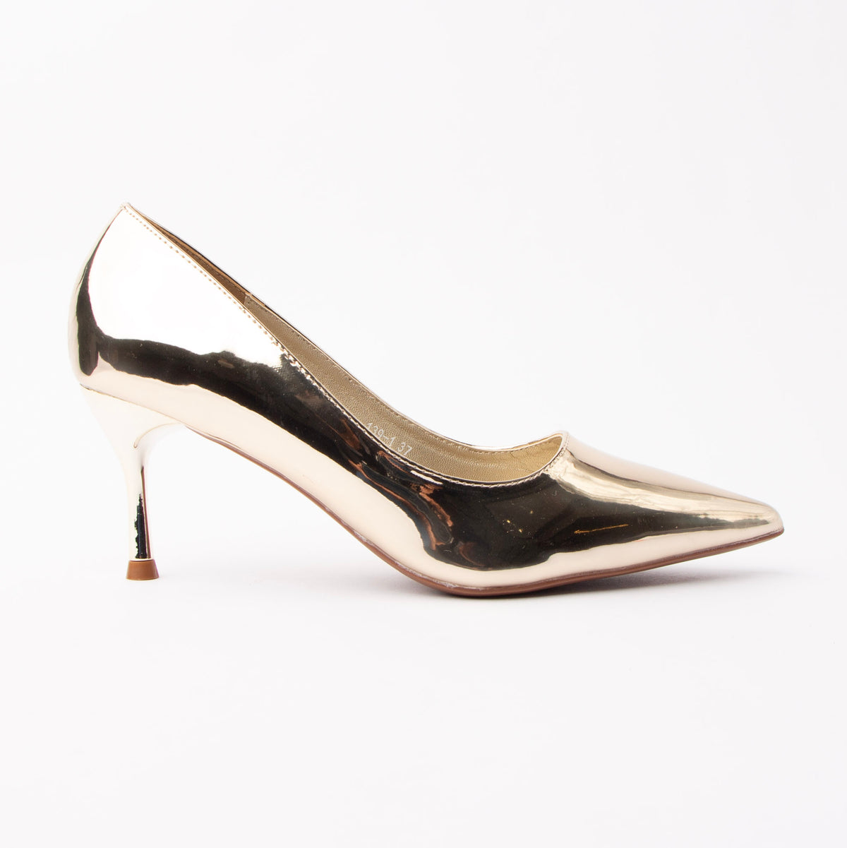 Gold pumps for women, side view