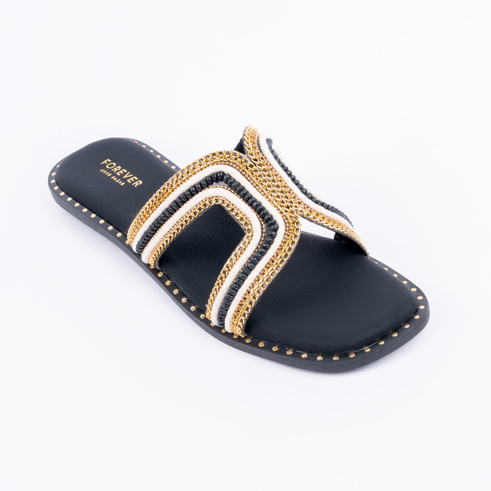 Black beaded ballet flats for women, sculptural curved rope strap