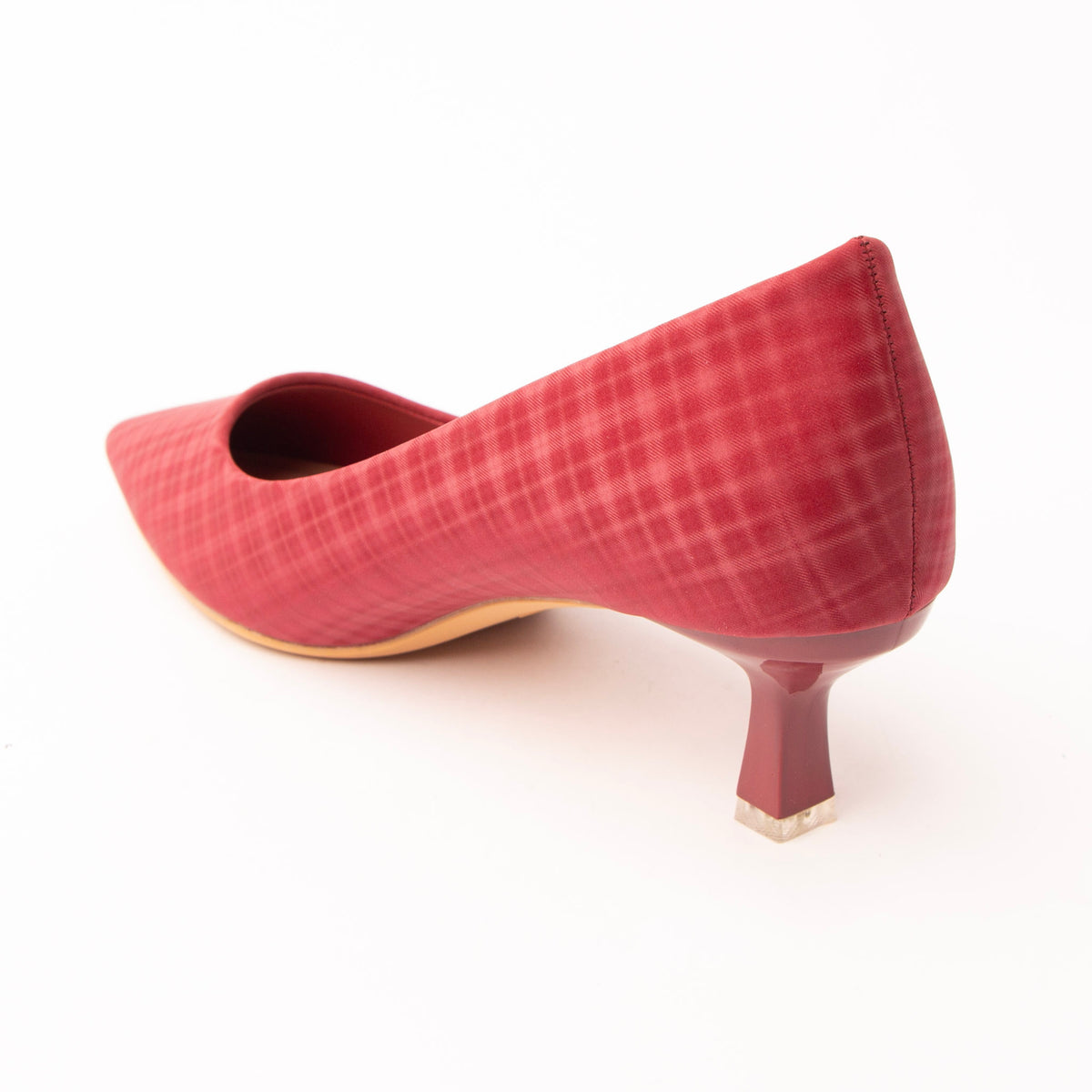 Maroon check print kitten heels for women, back view showing the heel