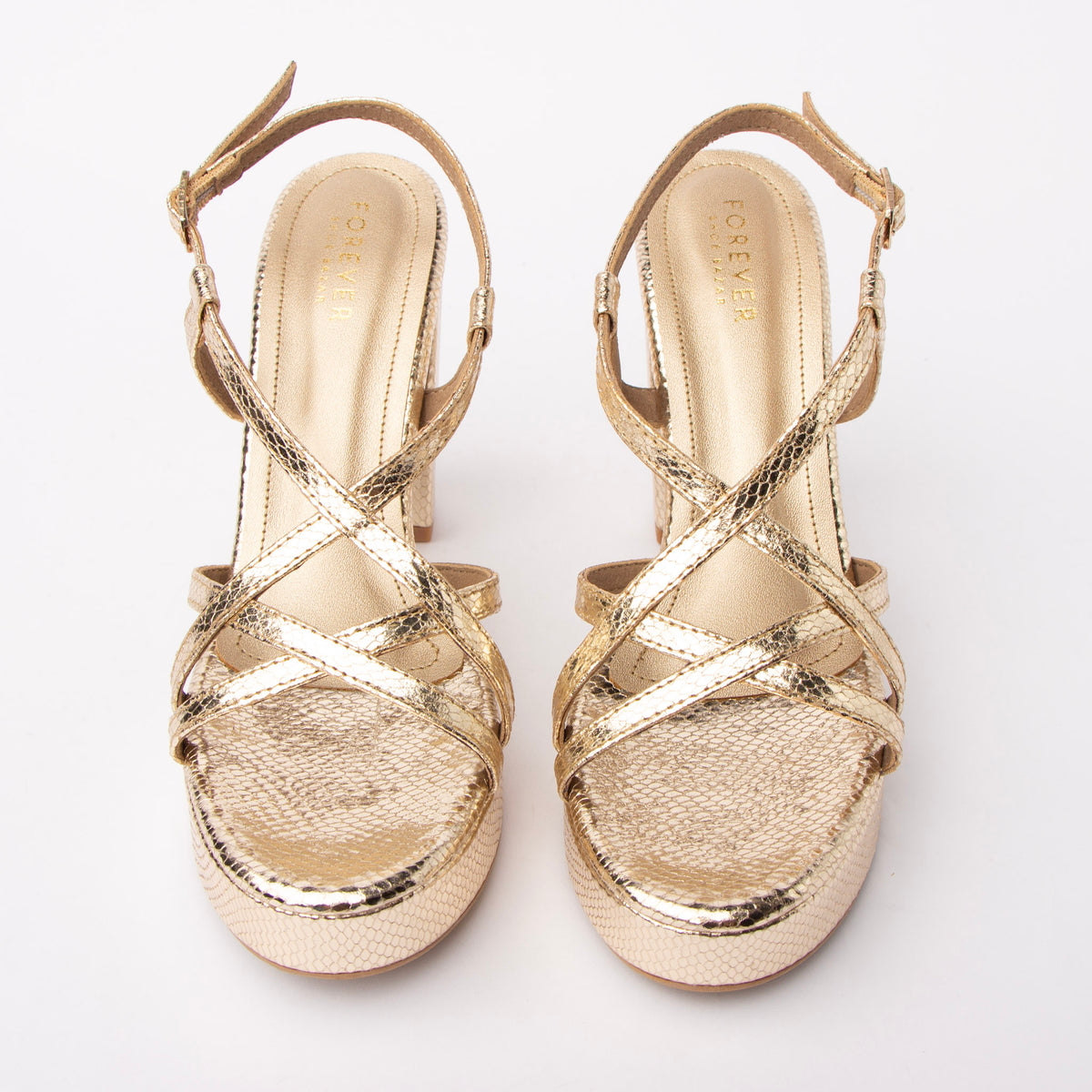 Gold block heel sandals for women – Forever Shoe Bazar