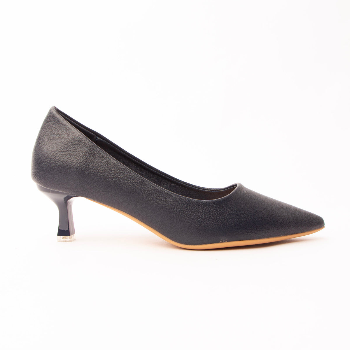 Navy blue pointed kitten heels for women, a deep navy pebble-grain court with a sharply pointed toe, the blue reading clearly in profile, on a glossy navy kitten heel tipped with a small clear block