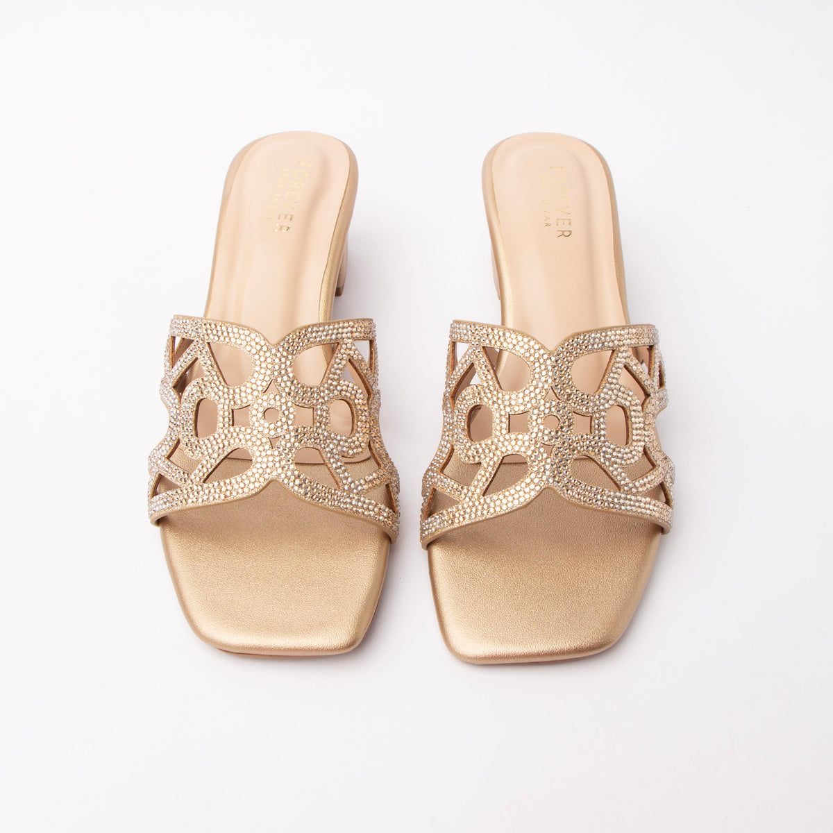 Gold cut out block heel mules for women – Forever Shoe Bazar