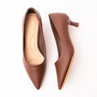 Brown pointed kitten heels for women with a cushioned footbed