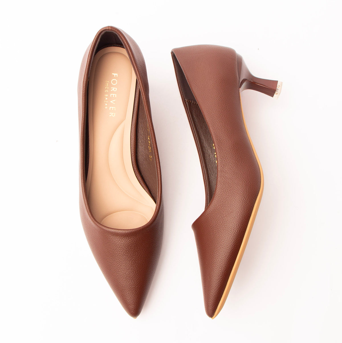 Brown pointed kitten heels for women with a cushioned footbed