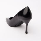 Black metal toe cap stilettos for women with cushioned footbed, side view