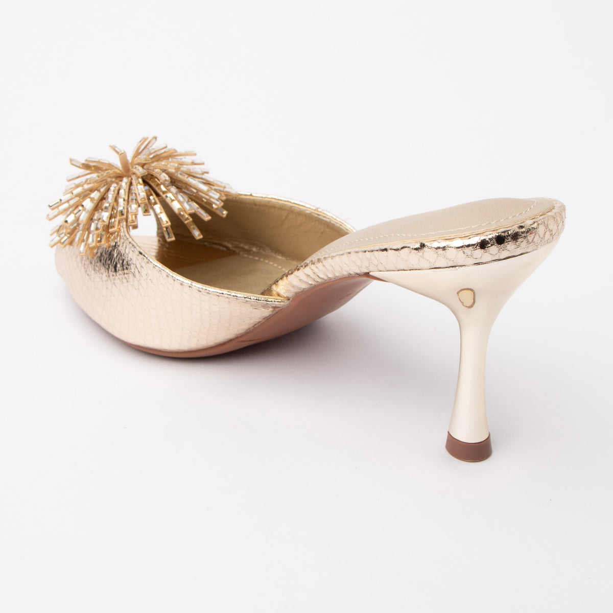 Gold mules for women, back view showing the heel